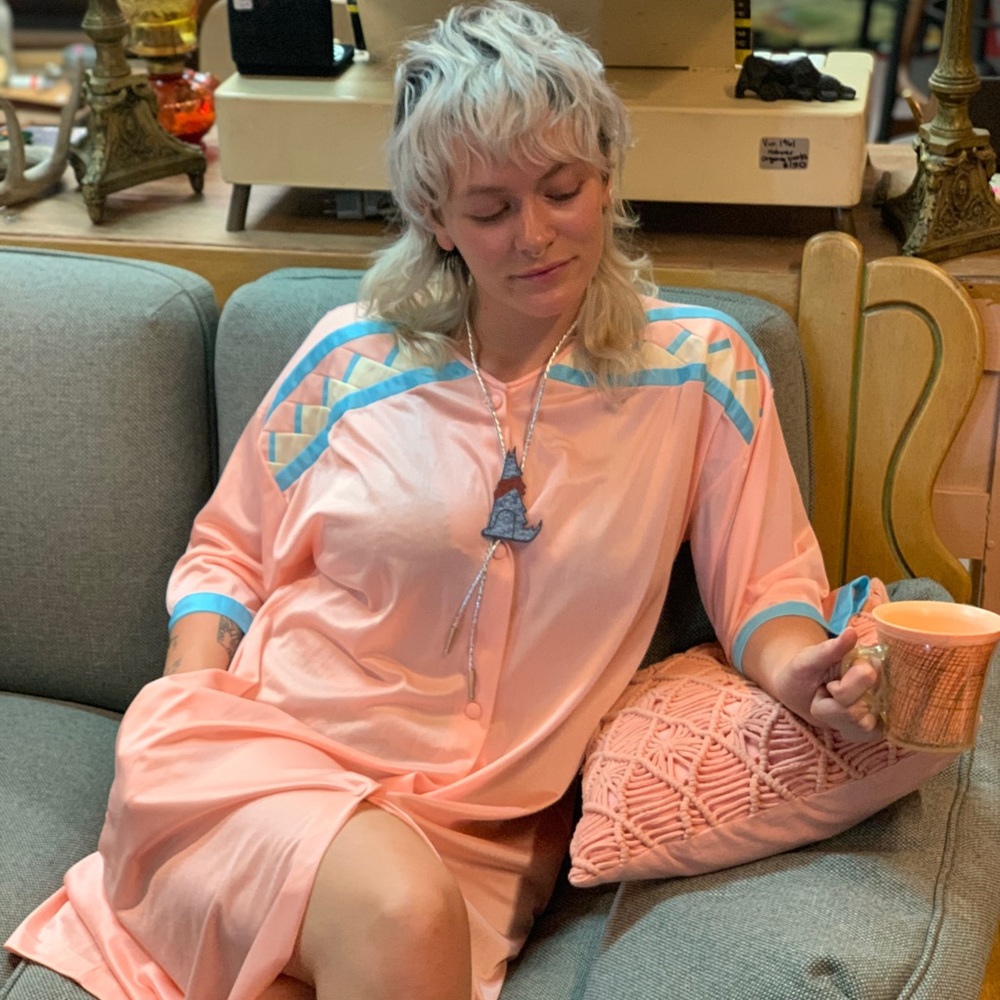 Coral and turquoise housecoat/ mumu / caftan
